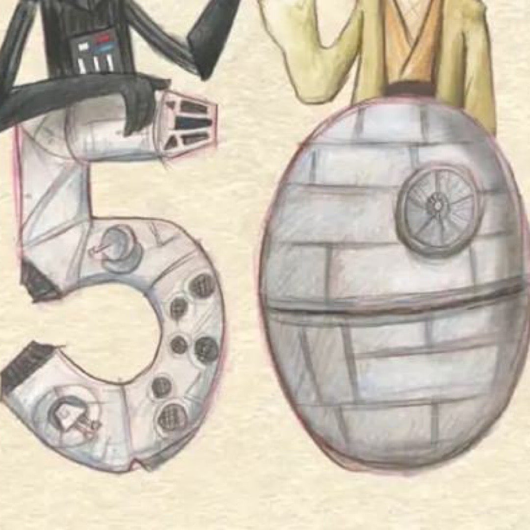 Illustration of a character in a Darth Vader costume with a Death Star design on a beige background.