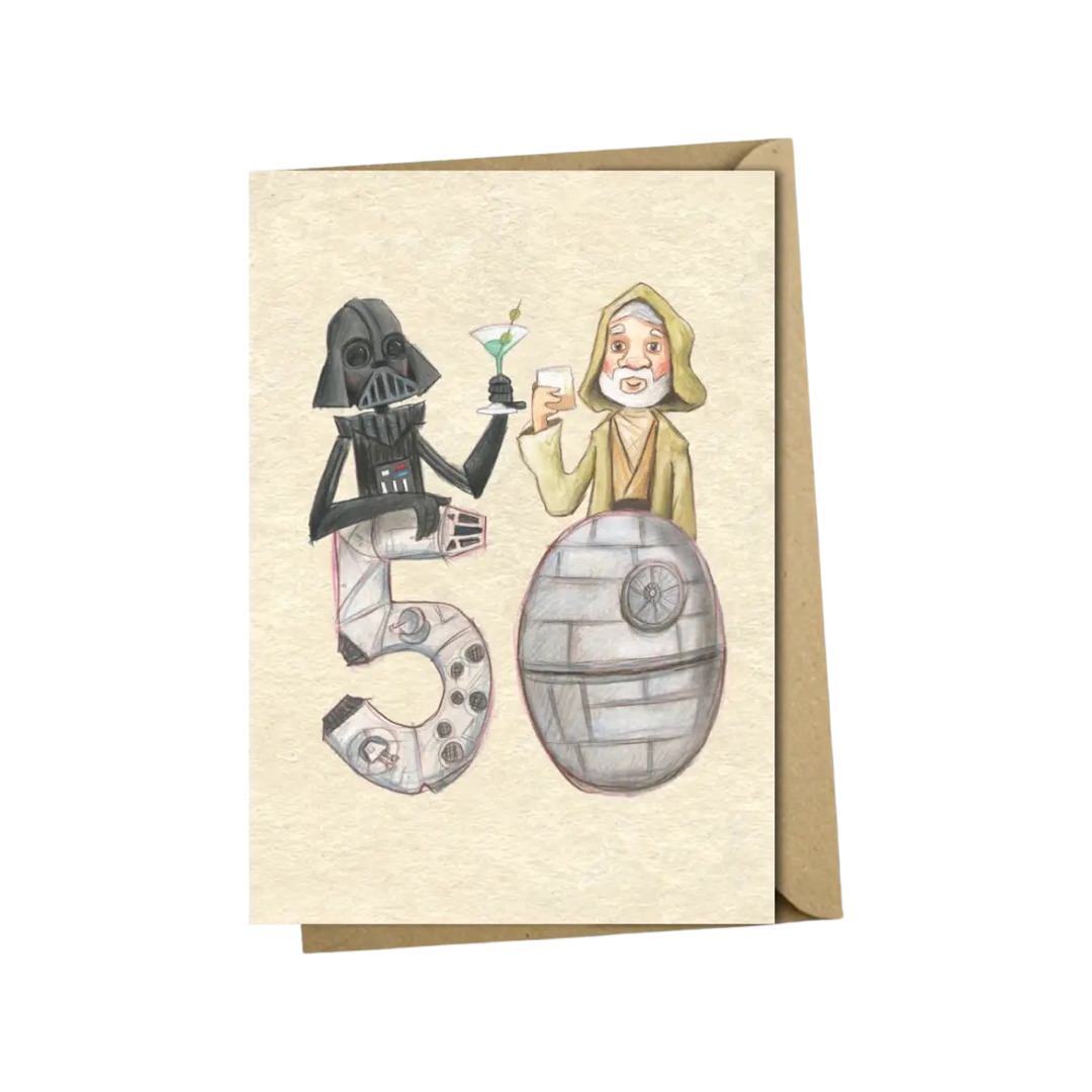 50th birthday card featuring an illustration of Darth Vadar and Obi Wan Kenobi clinking their drinks.