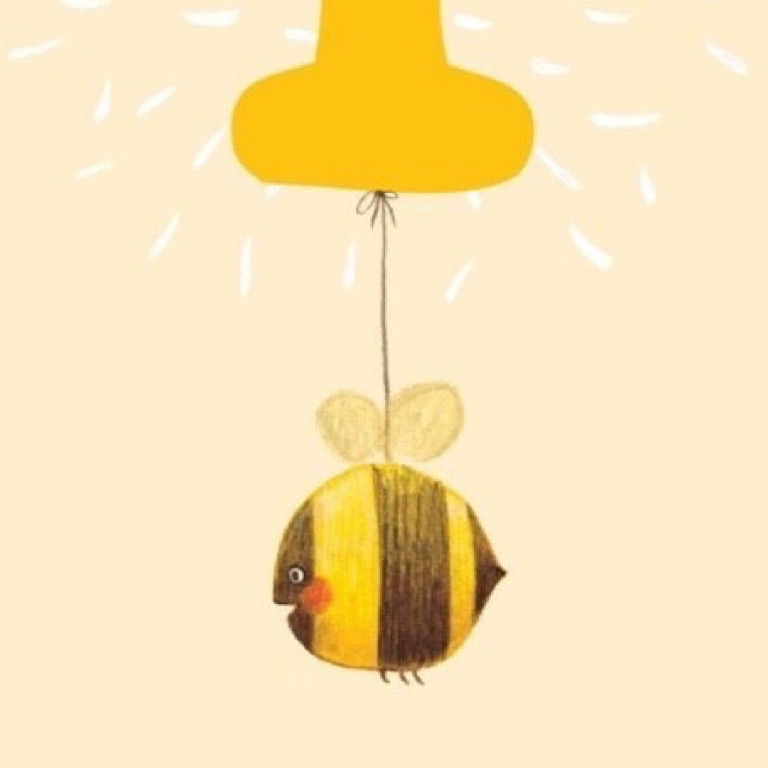 Illustration of a bee-shaped decoration hanging from a yellow 1 balloon on a beige background.