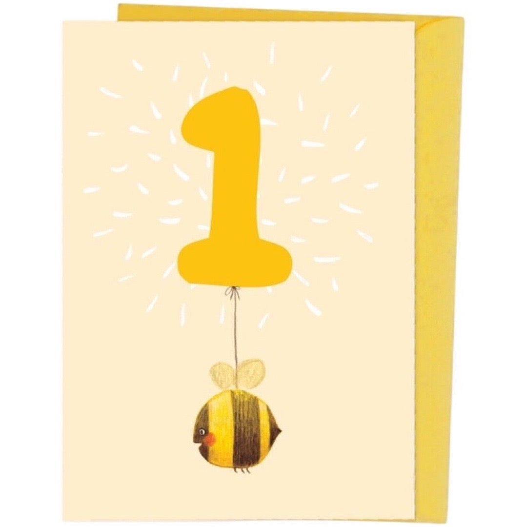 Birthday card with a yellow number '1' and a bee on a beige background.