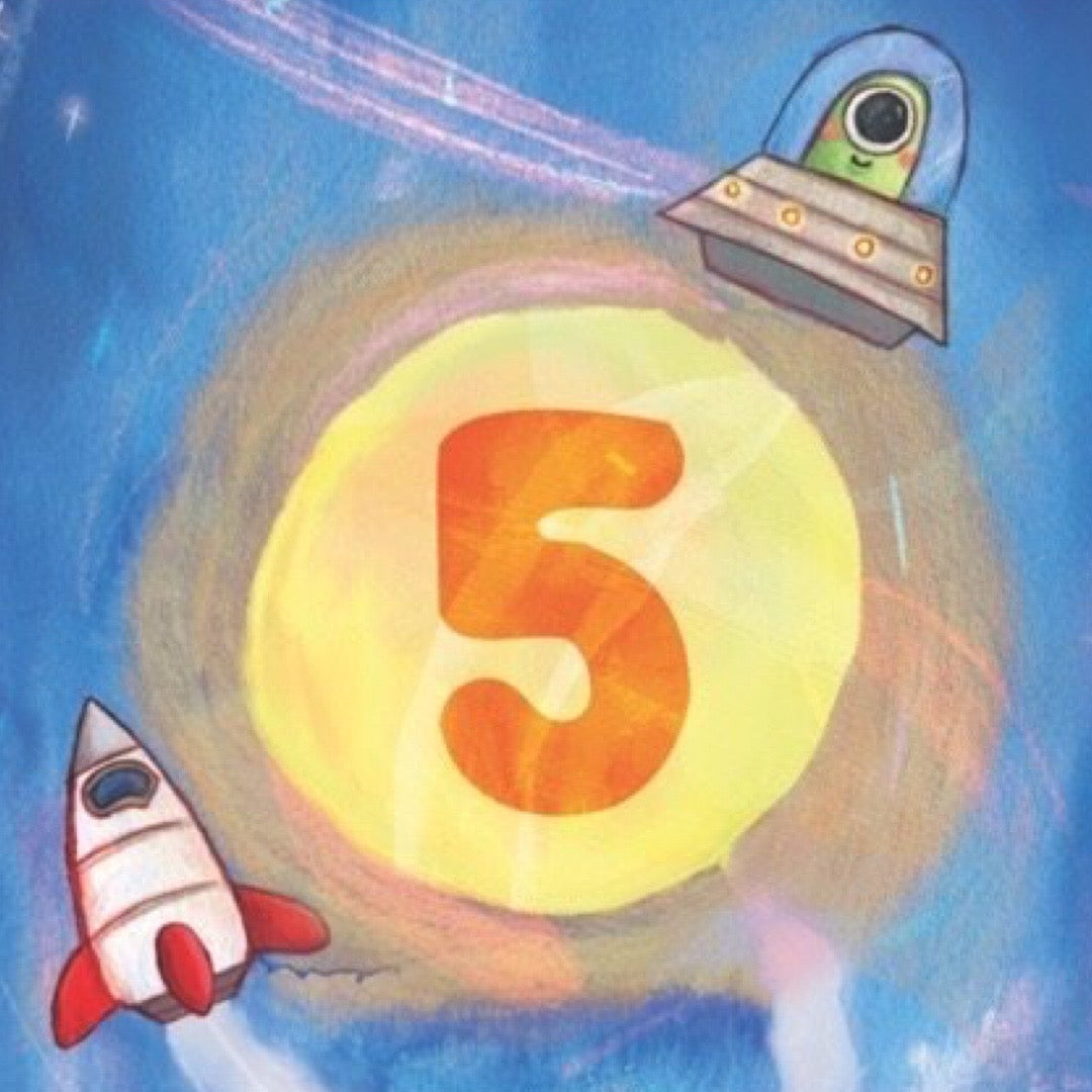 Illustrated 5th birthday card, featuring space rockets, planets and a galaxy of stars.