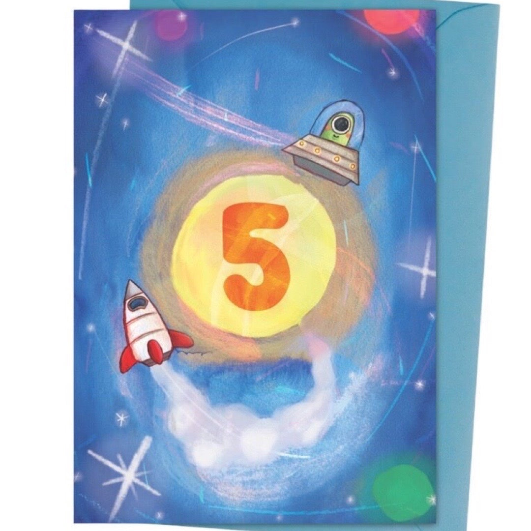 Illustrated 5th birthday card, featuring space rockets, planets and a galaxy of stars.