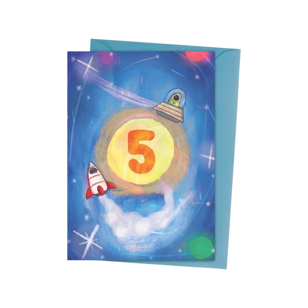 Illustrated 5th birthday card, featuring space rockets, planets and a galaxy of stars.