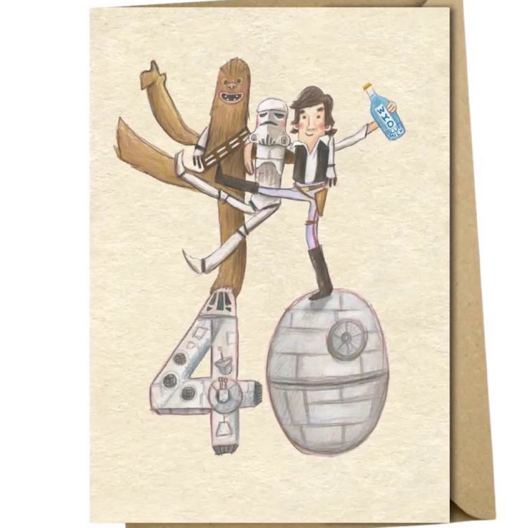 40th birthday card featuring an illustration of Chewbacca, a Stormtrooper and Han Solo, all dancing!