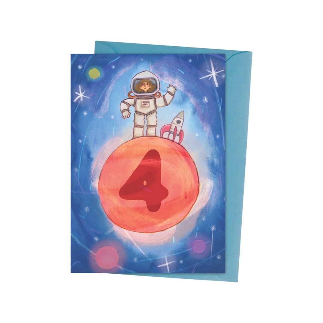 Illustrated 4th birthday card, featuring an astronaut, a rocket, planets and a galaxy of stars.