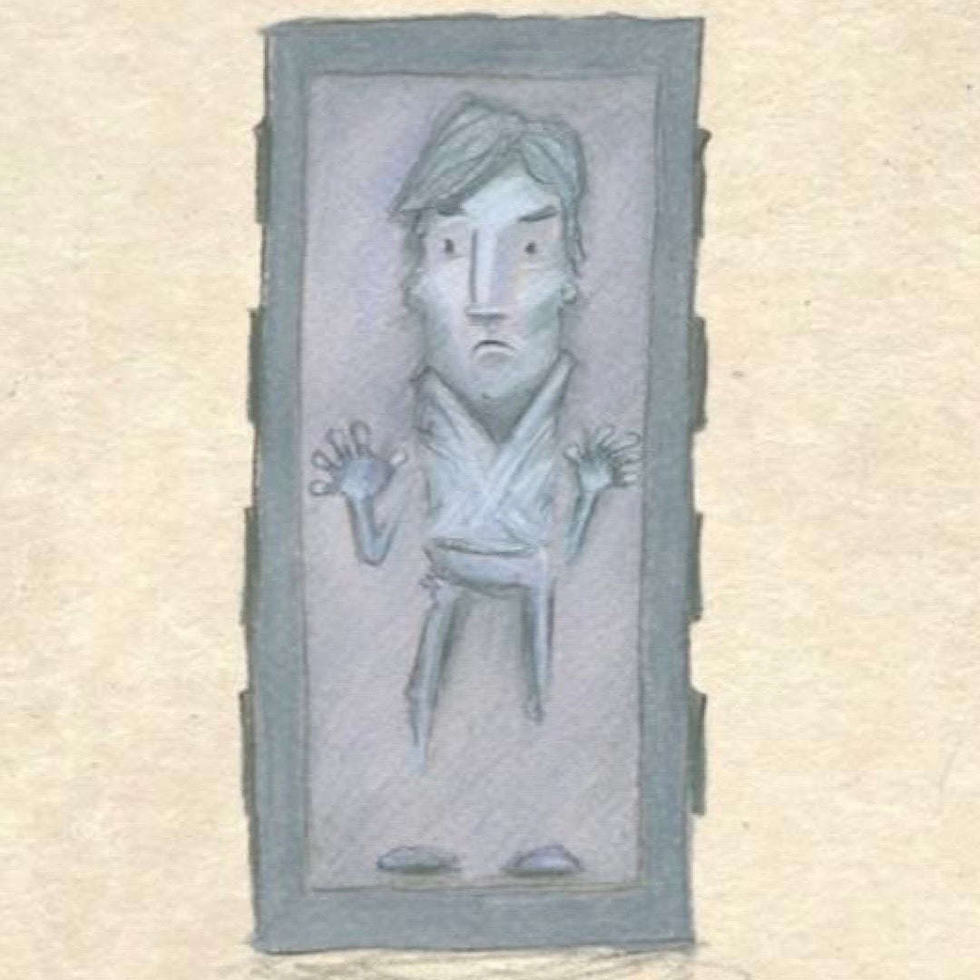 Birthday card featuring an illustration of a young Han Solo frozen in carbonite.