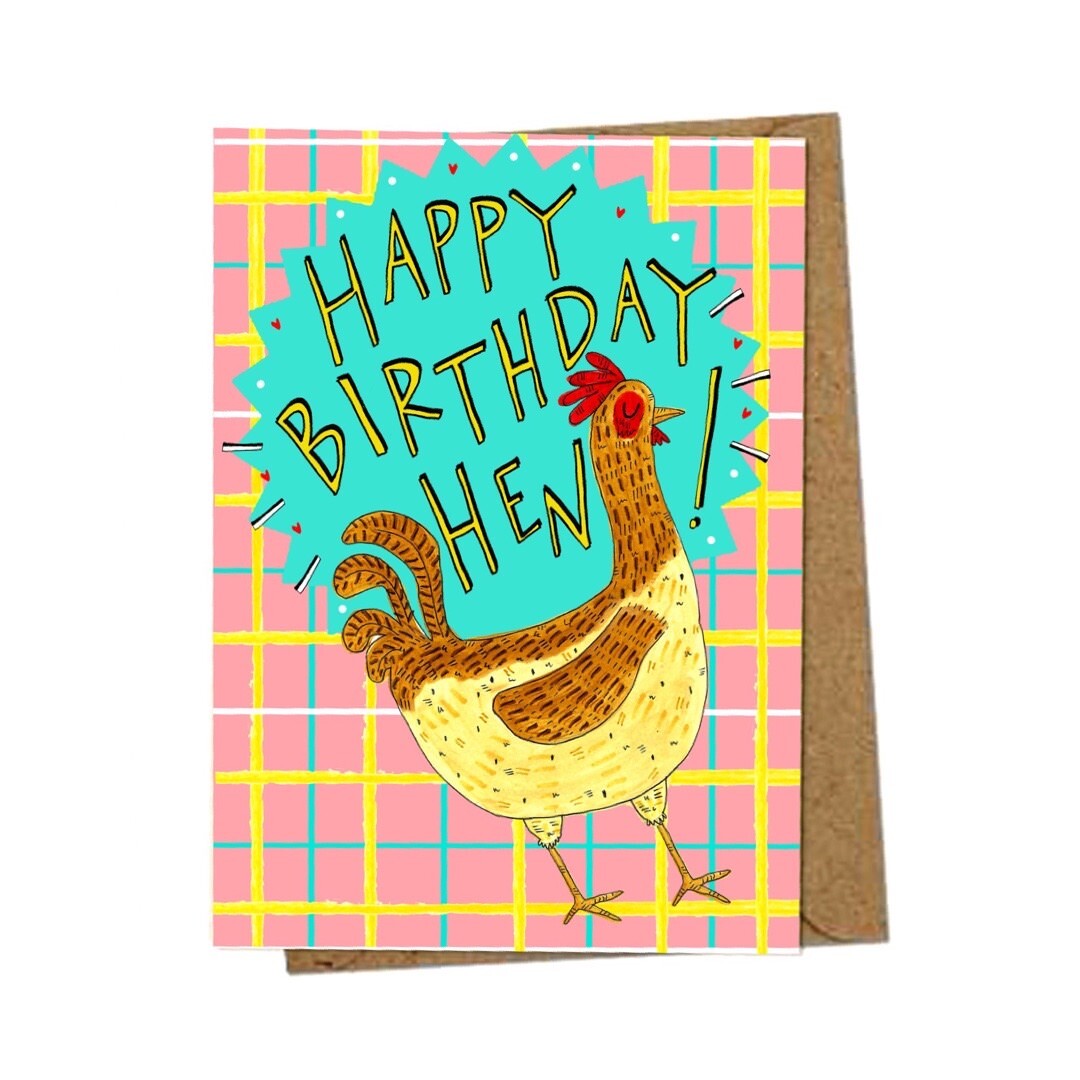 Birthday card featuring an illustration of a hen and the text 'Happy Birthday Hen' on a pink tartan background.