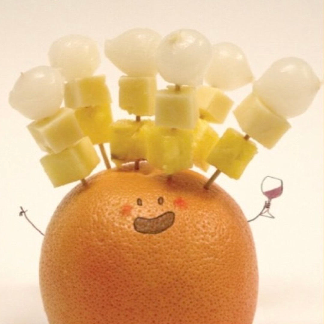 Birthday card featuring an illustration of an orange with onion, cheese and pineapple sticks.
