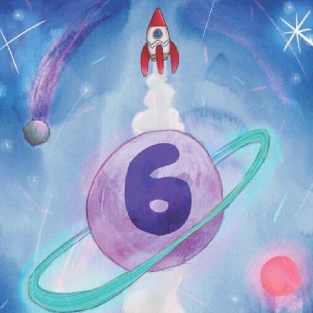 Illustrated 6th birthday card, featuring space rockets, planets and a galaxy of stars.