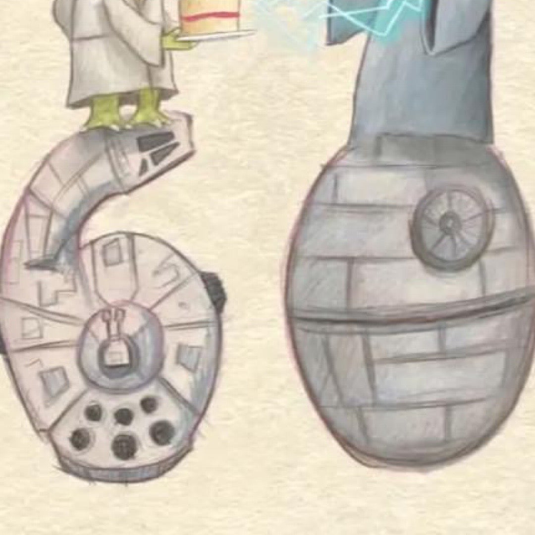 60th birthday card featuring an illustration of Yoda carrying a cake and Emperor Palpatine.