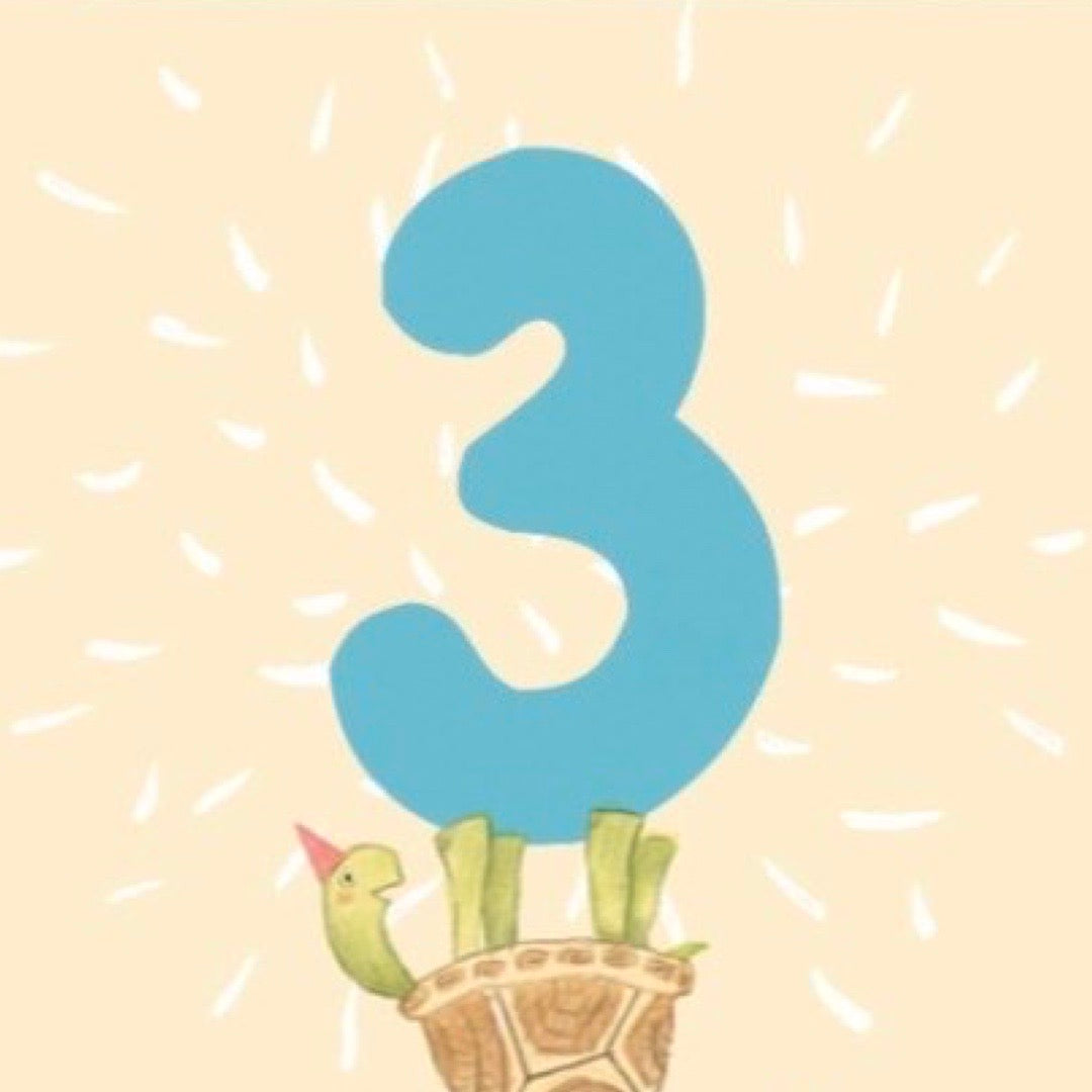 Blue number 3 with a turtle a beige background.