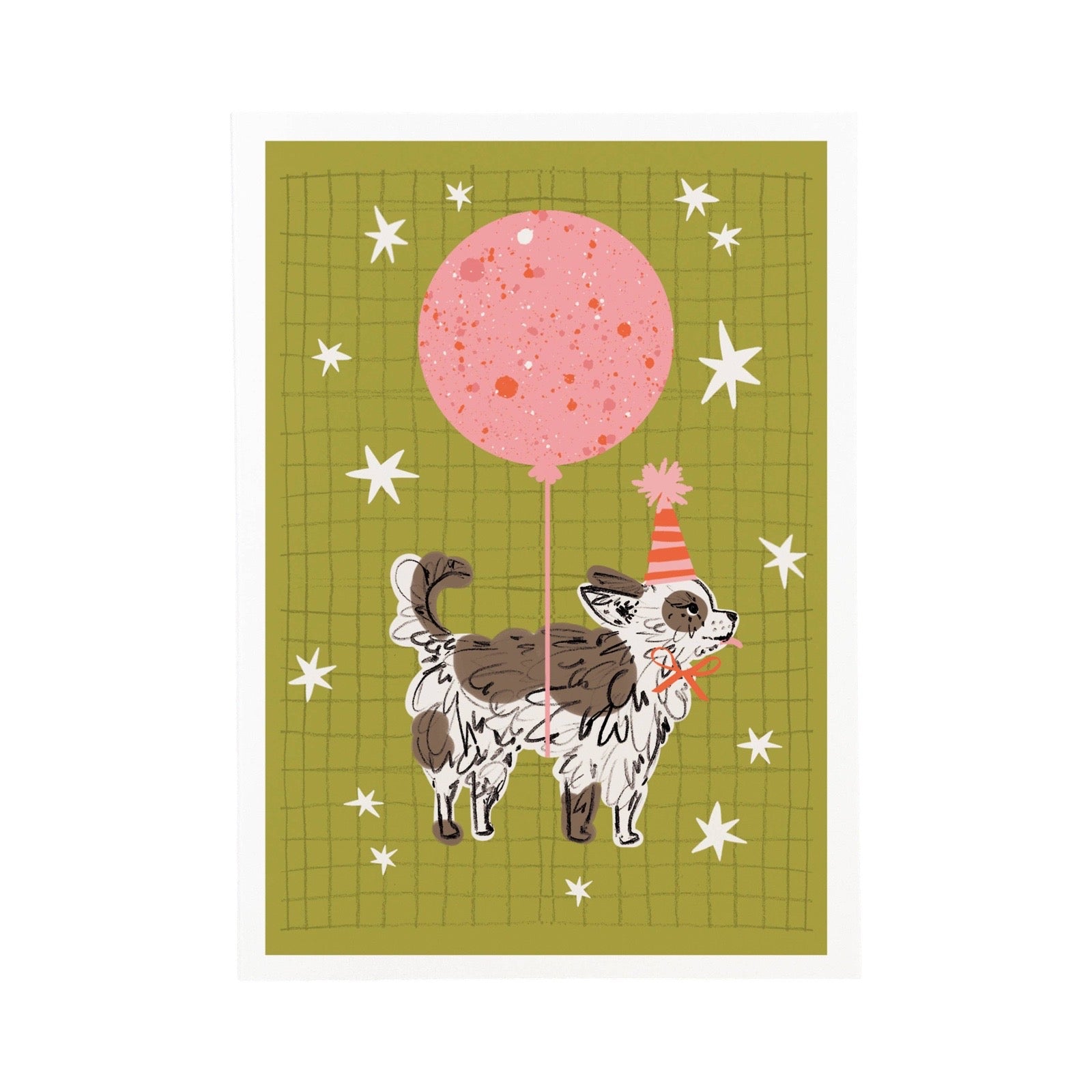 A card featuring a small brown-and-white dog wearing a red-and-white party hat and holding a pink balloon, set against an olive green grid background with white stars.