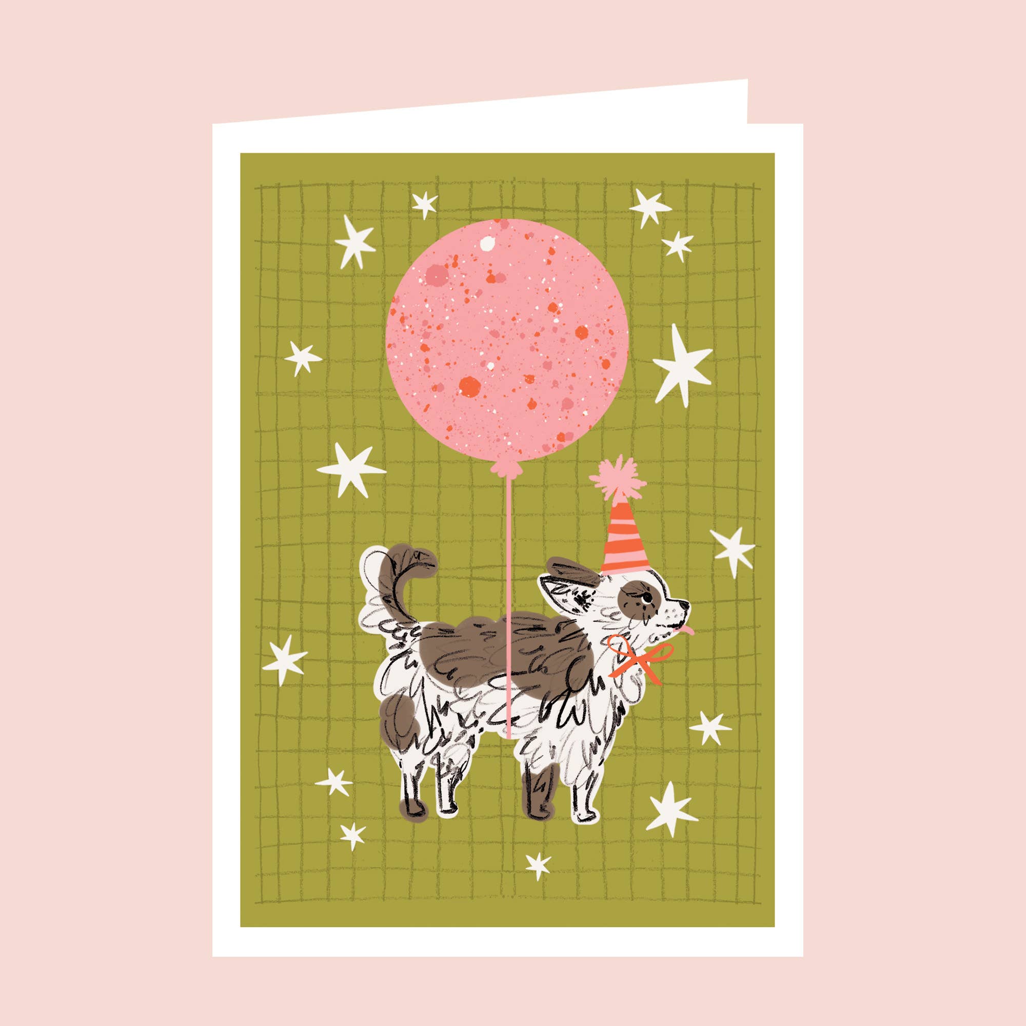 A greeting card featuring an illustration of a small brown and white dog holding a pink balloon, set against an olive green starry grid background with a white border.