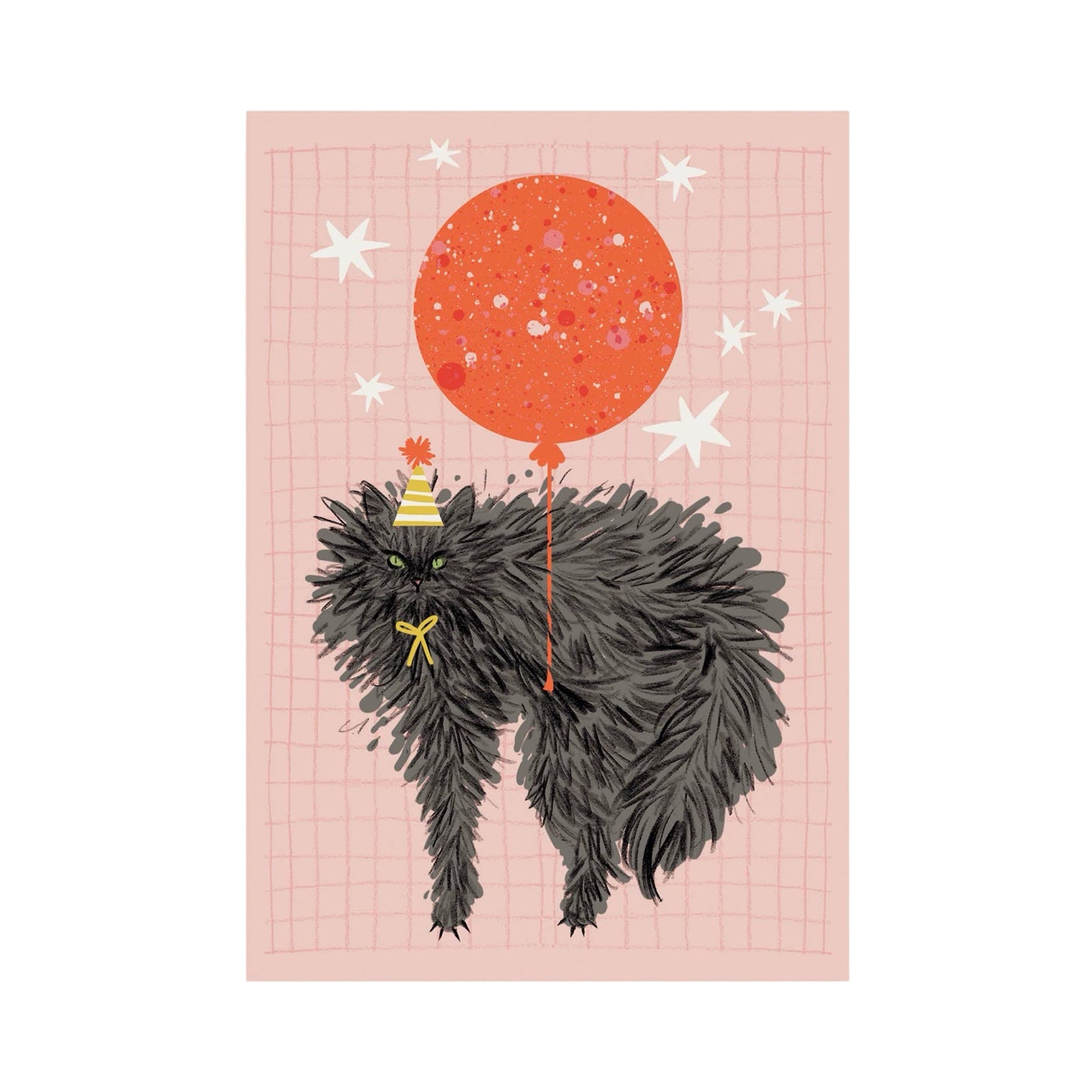 Birthday card featuring an illustration of a black cat wearing a party hat floating tied to a big red balloon