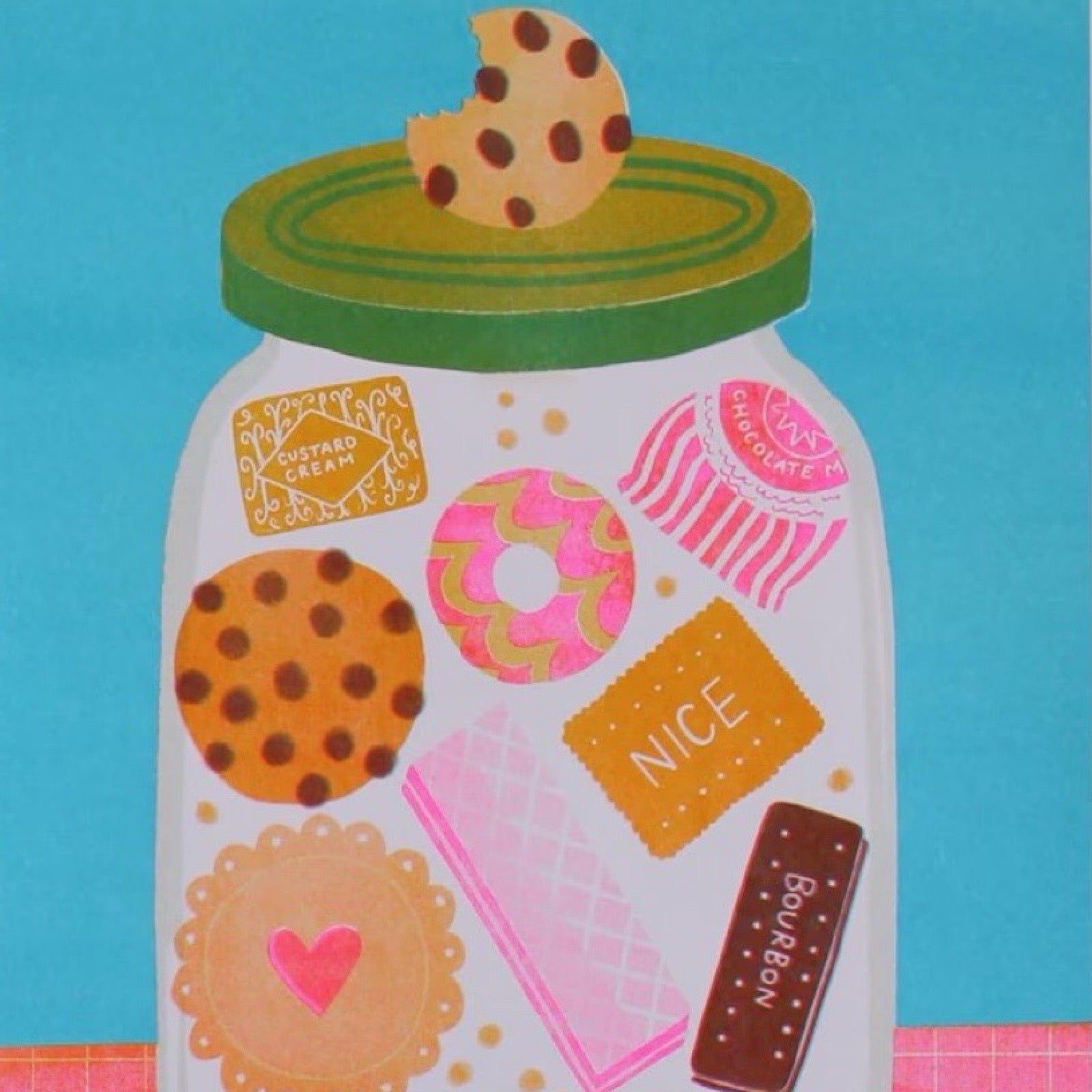 Illustration of a jar with cookies on a blue background.