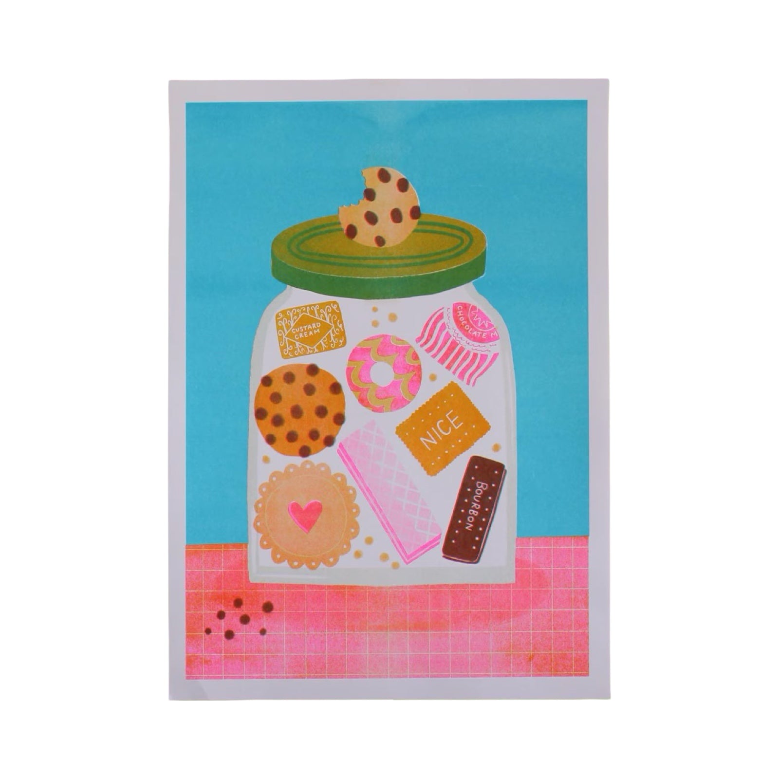 Illustration of a jar with cookies, donuts, and a bar of chocolate on a blue and pink background.