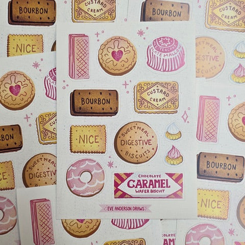 Biscuit lovers sticker sheet featuring 11 individual biscuits including a jammy dodger, a custard cream and a digestive.