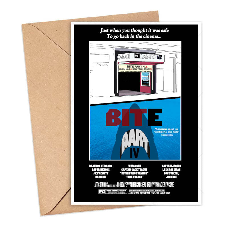 Card featuring a movie poster design with an illustration of the Cameo Cinema in Tollcross, Edinburgh