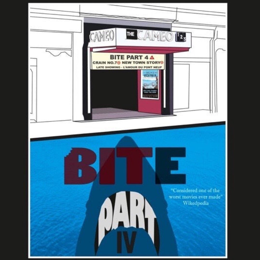 This print features a movie poster design with an illustration of the Cameo Cinema in Tollcross, Edinburgh