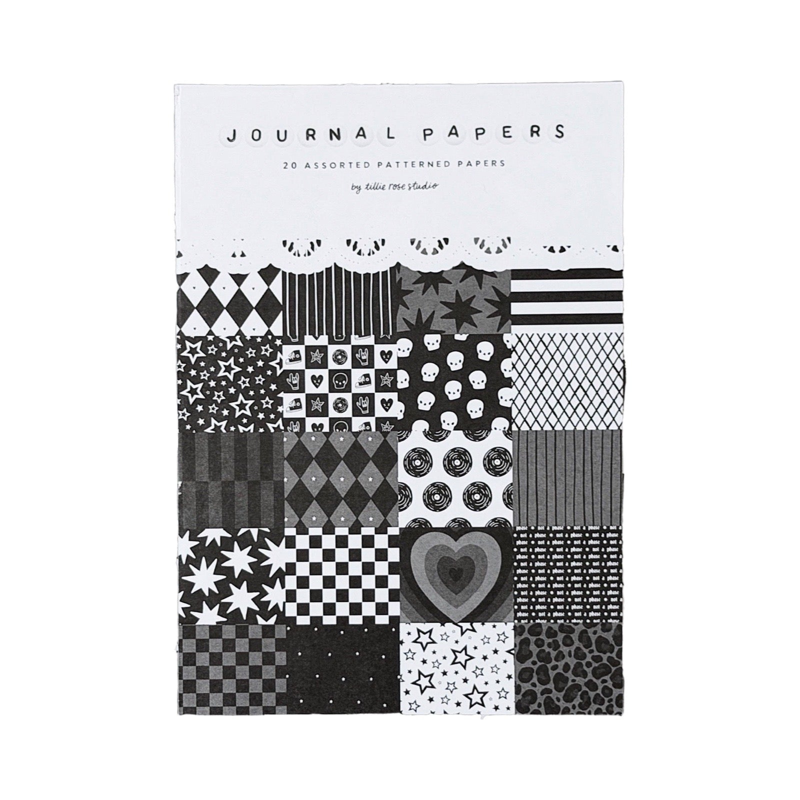 Pack of patterned papers with a variety of black and white designs on a white background.