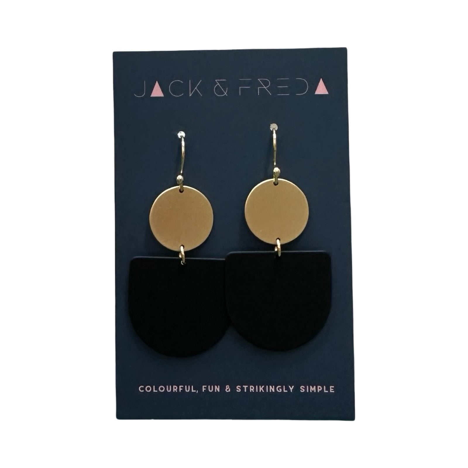 Gold and black earrings on a Jack & Fred card.
