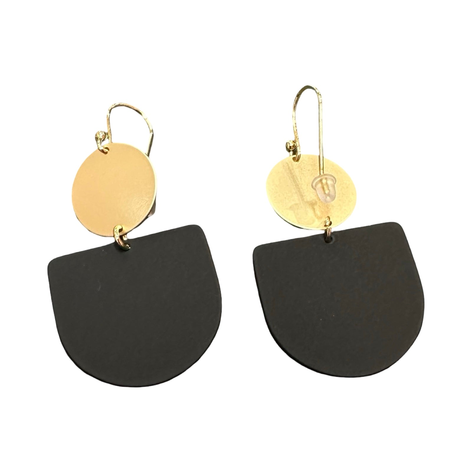 Black earrings with gold circular accents on a white background.