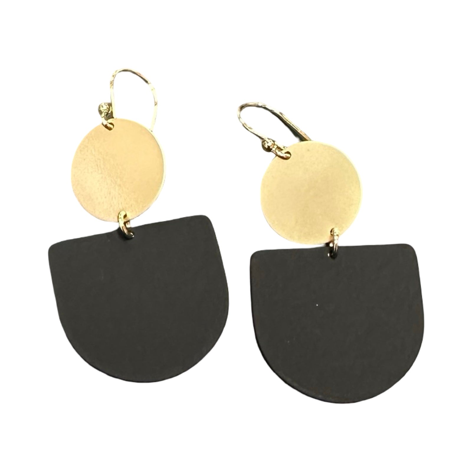 Black half-circle earrings with gold circular accents on a white background.