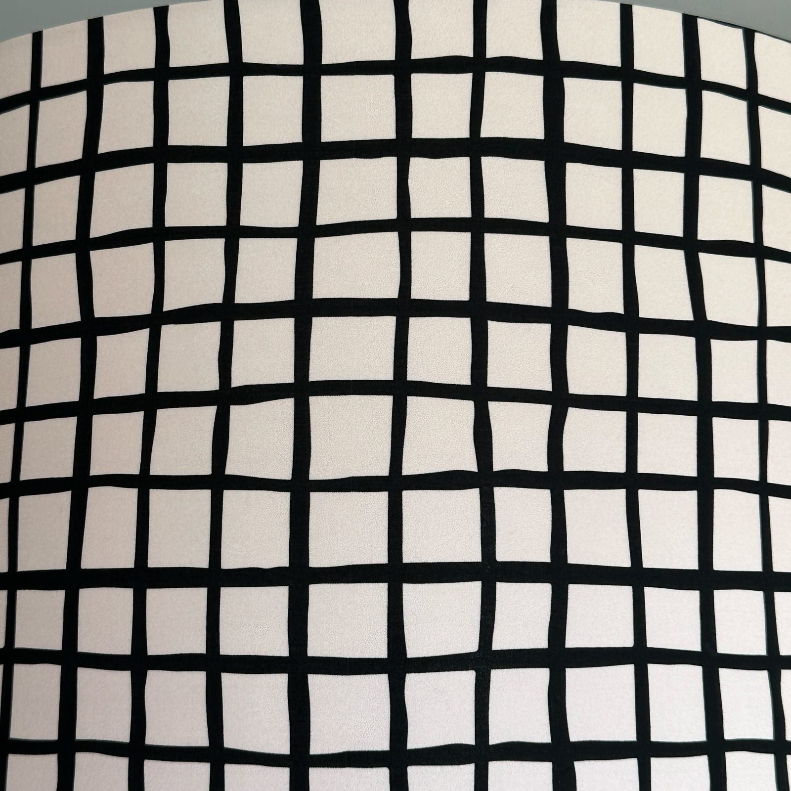 Close-up of a fabric with black grid pattern on a white background.