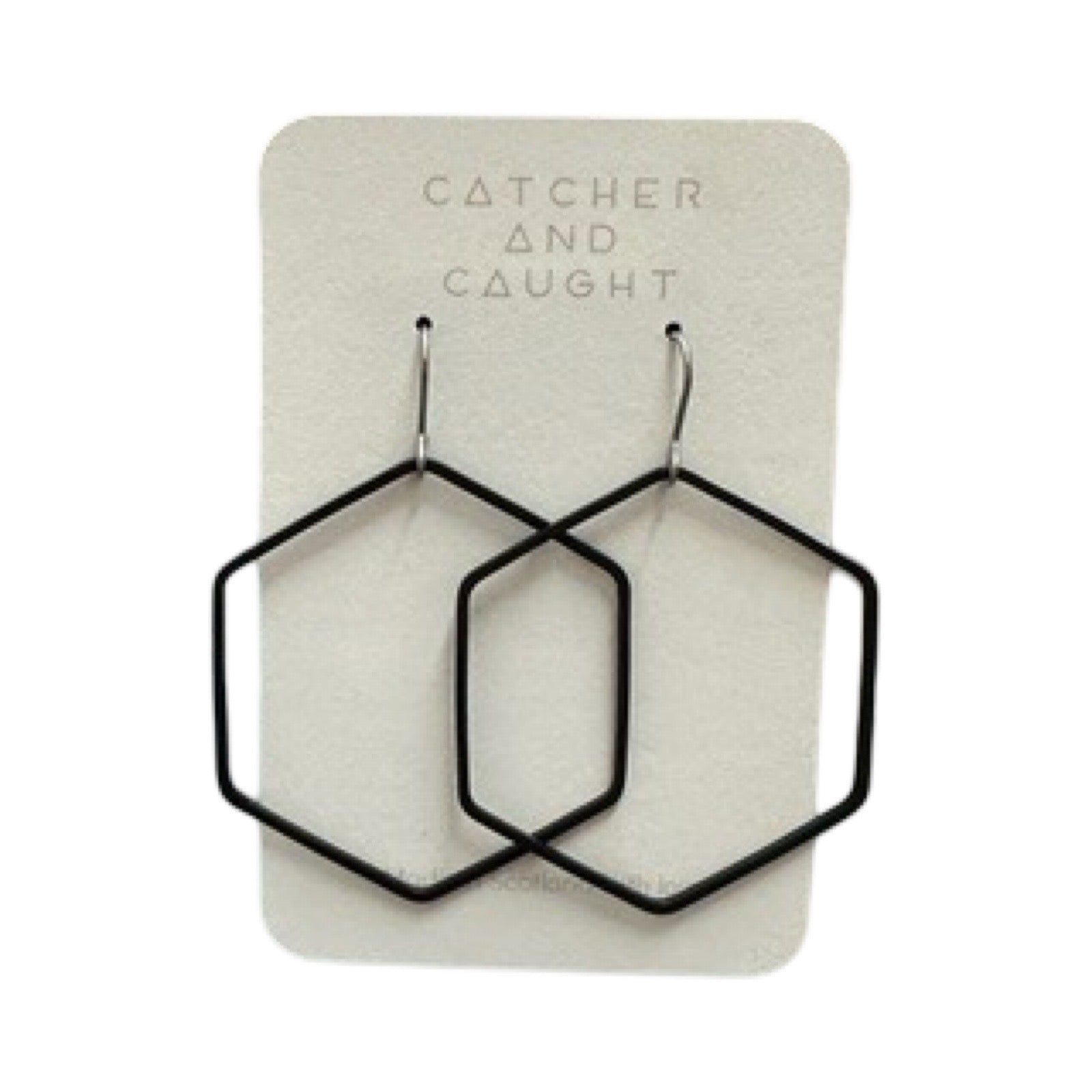 Black Hexagon Hoop Earrings. Made from plated brass with sterling silver ear clasps.
