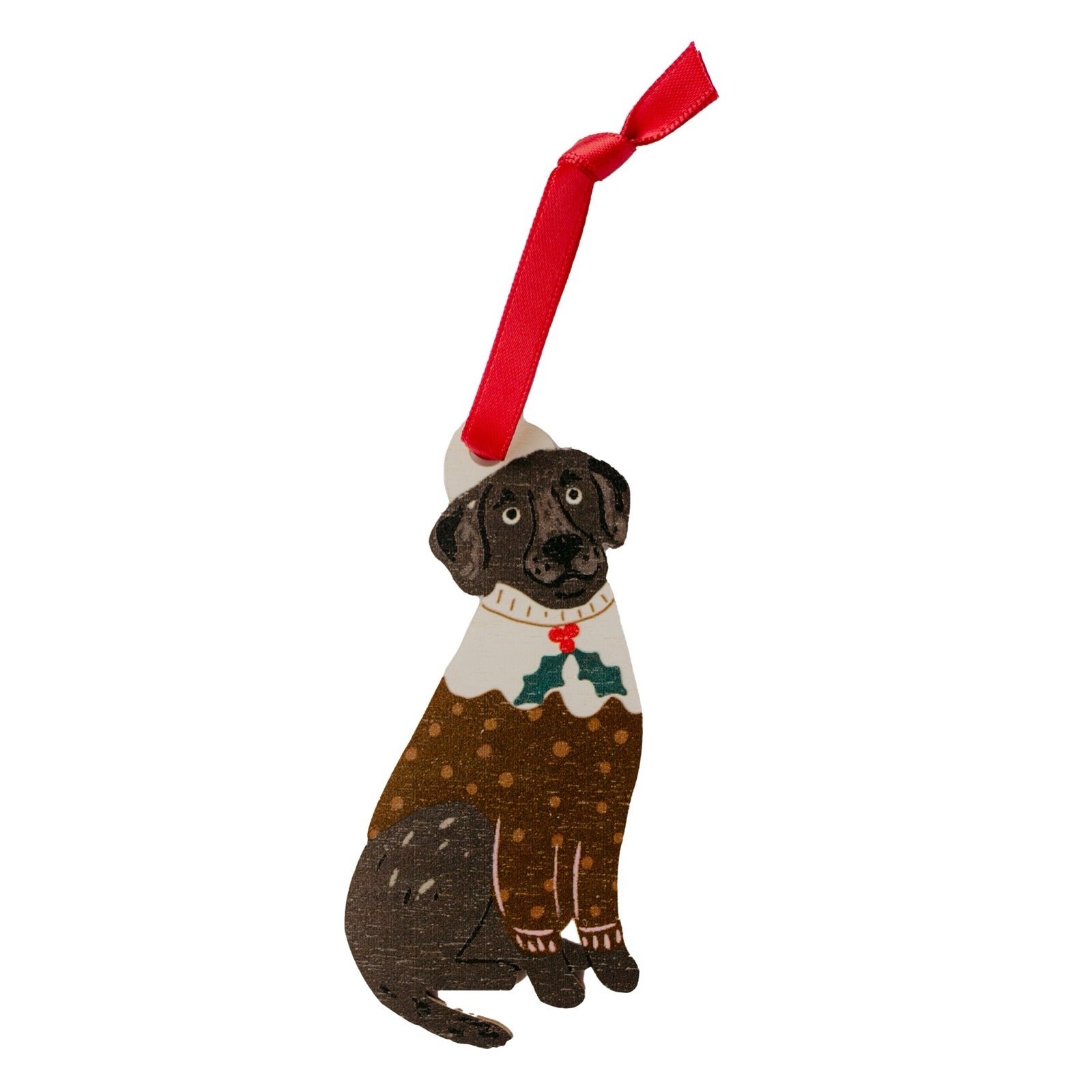 Dog-shaped Christmas ornament wearing a sweater with a red ribbon on a white background.