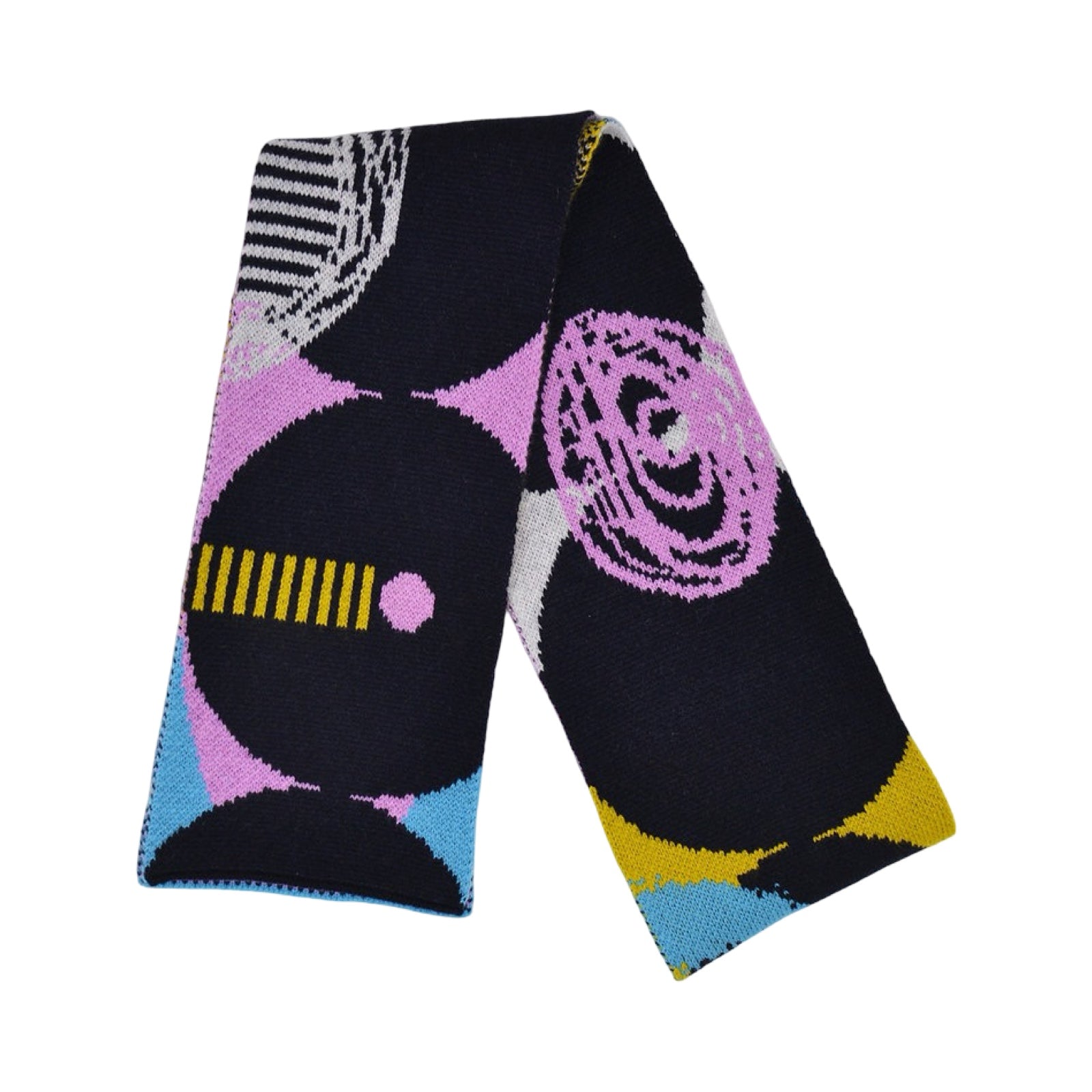 This black, pink, yellow and grey lambswool scarf is sure to add some colour to your outfit with its geometric-shaped designs. 