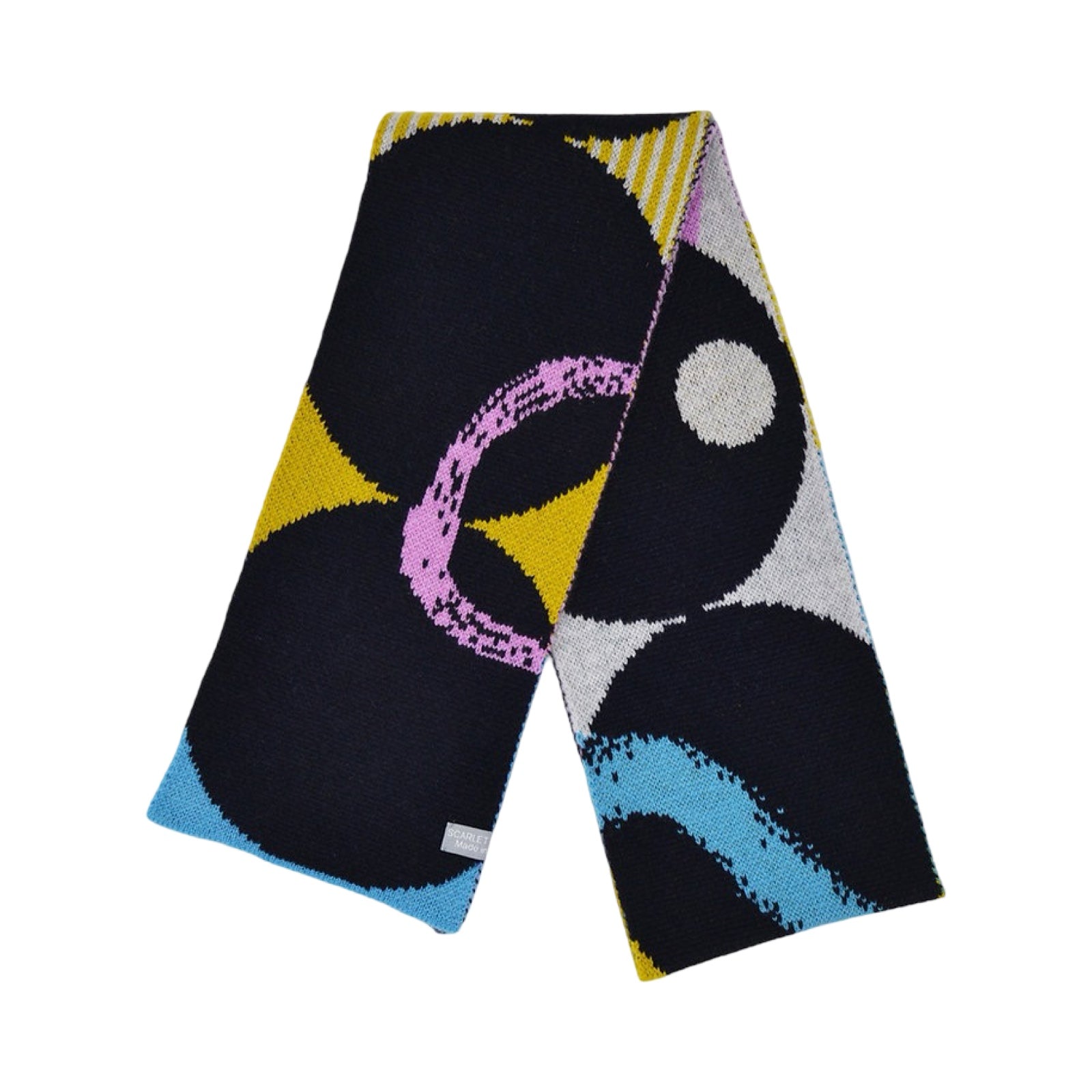 This black, pink, yellow and grey lambswool scarf is sure to add some colour to your outfit with its geometric-shaped designs. 