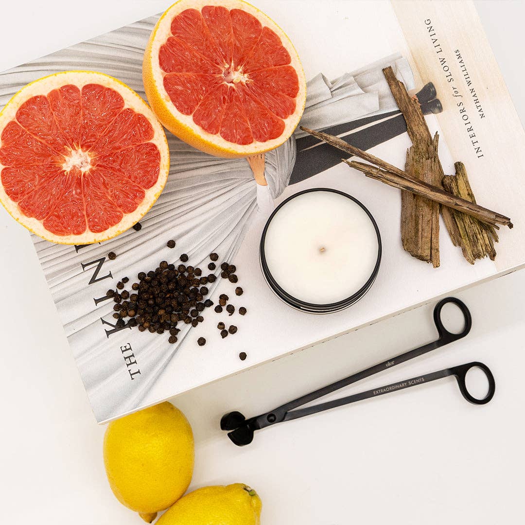 Candle with lemons, grapefruits, and cinnamon sticks on a newspaper