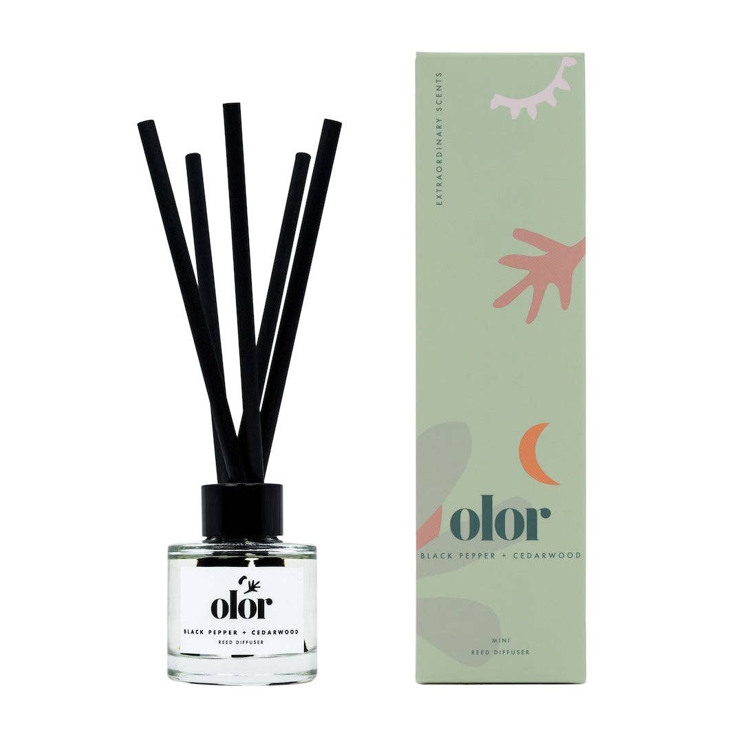 Olor diffuser bottle with black sticks and packaging on a white background