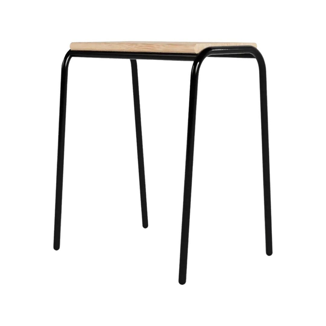 black powder coated steel and solid oak stacking stool