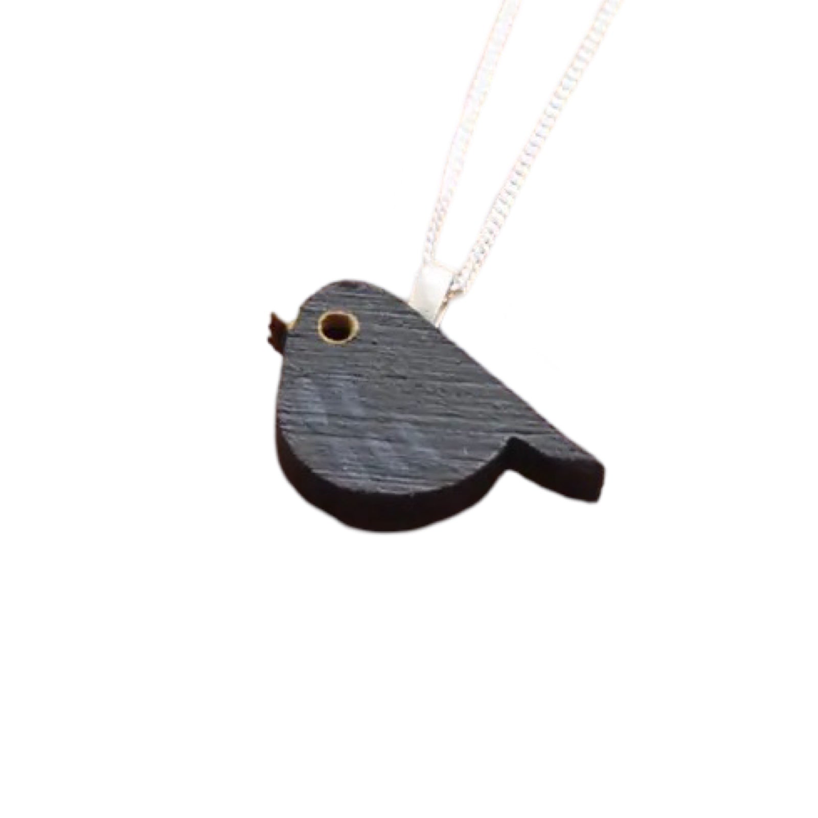 A bird-shaped bamboo pendant, painted like a blackbird, with a sterling silver chain.