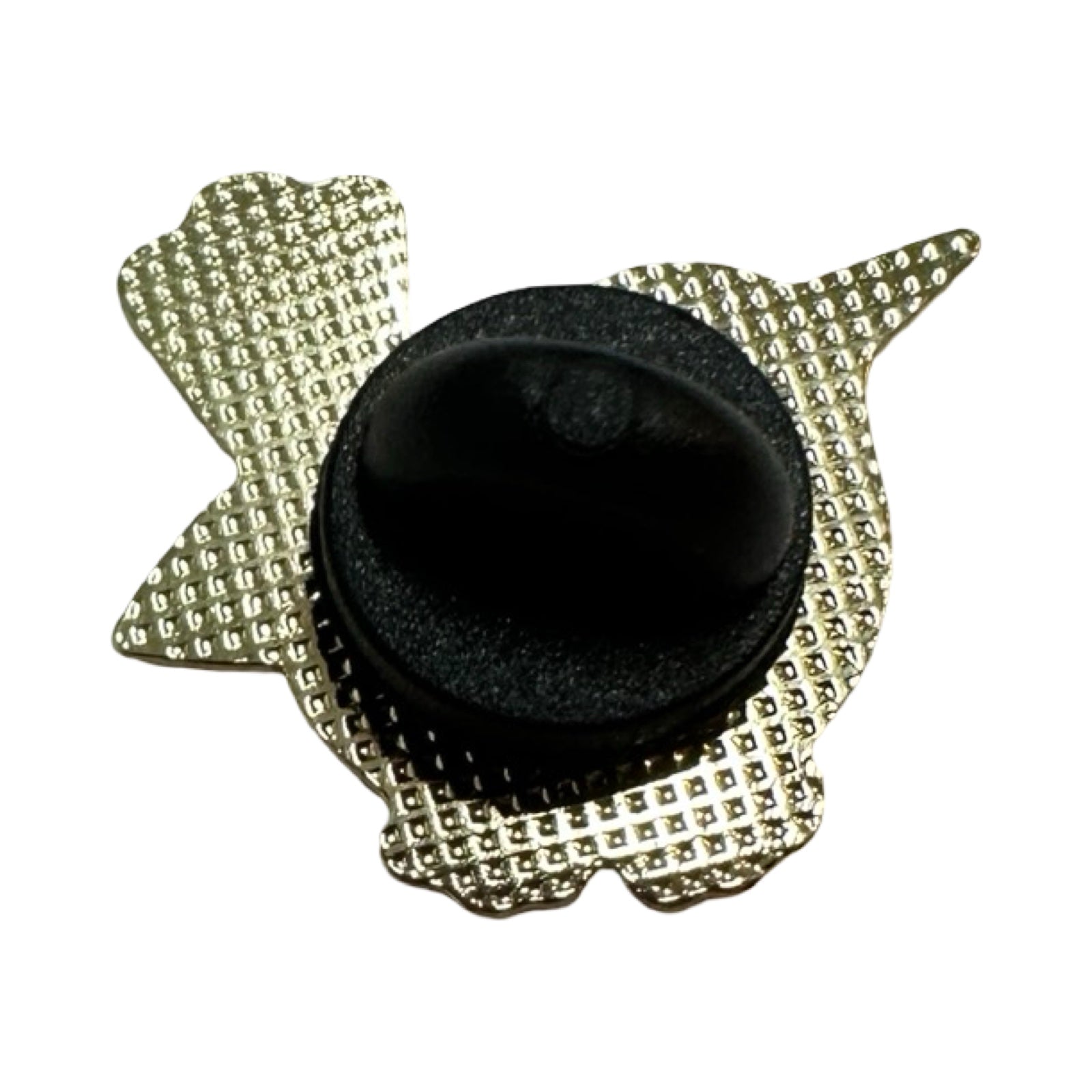 Black circular object with a textured silver border on a white background.