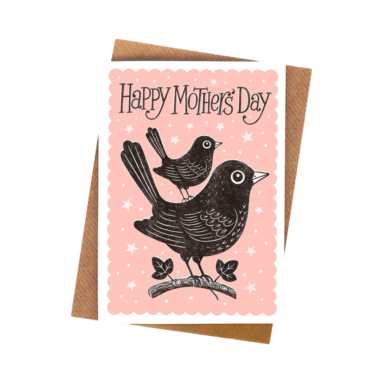 Mother's Day card featuring a blackbird with a baby blackbird resting on its back and the text 'Happy Mother's Day' all against a pink background