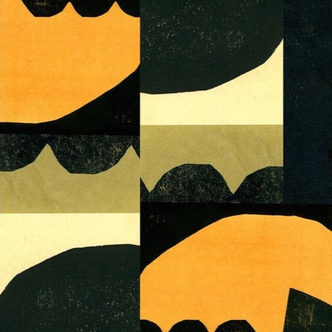 Abstract pattern with black, orange, and beige shapes on a dark background.