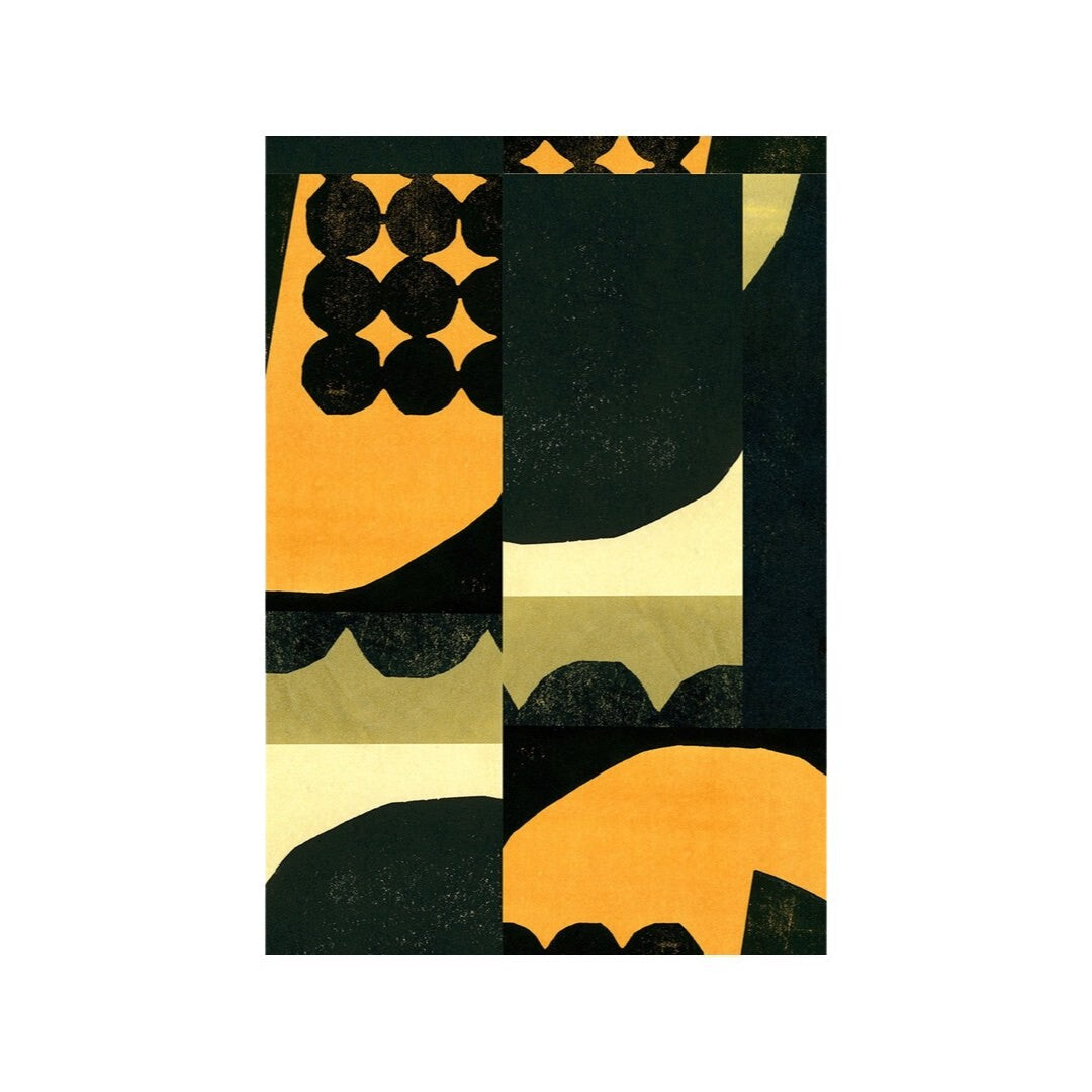 An abstract print featuring geometric shapes in mustard and black colours.