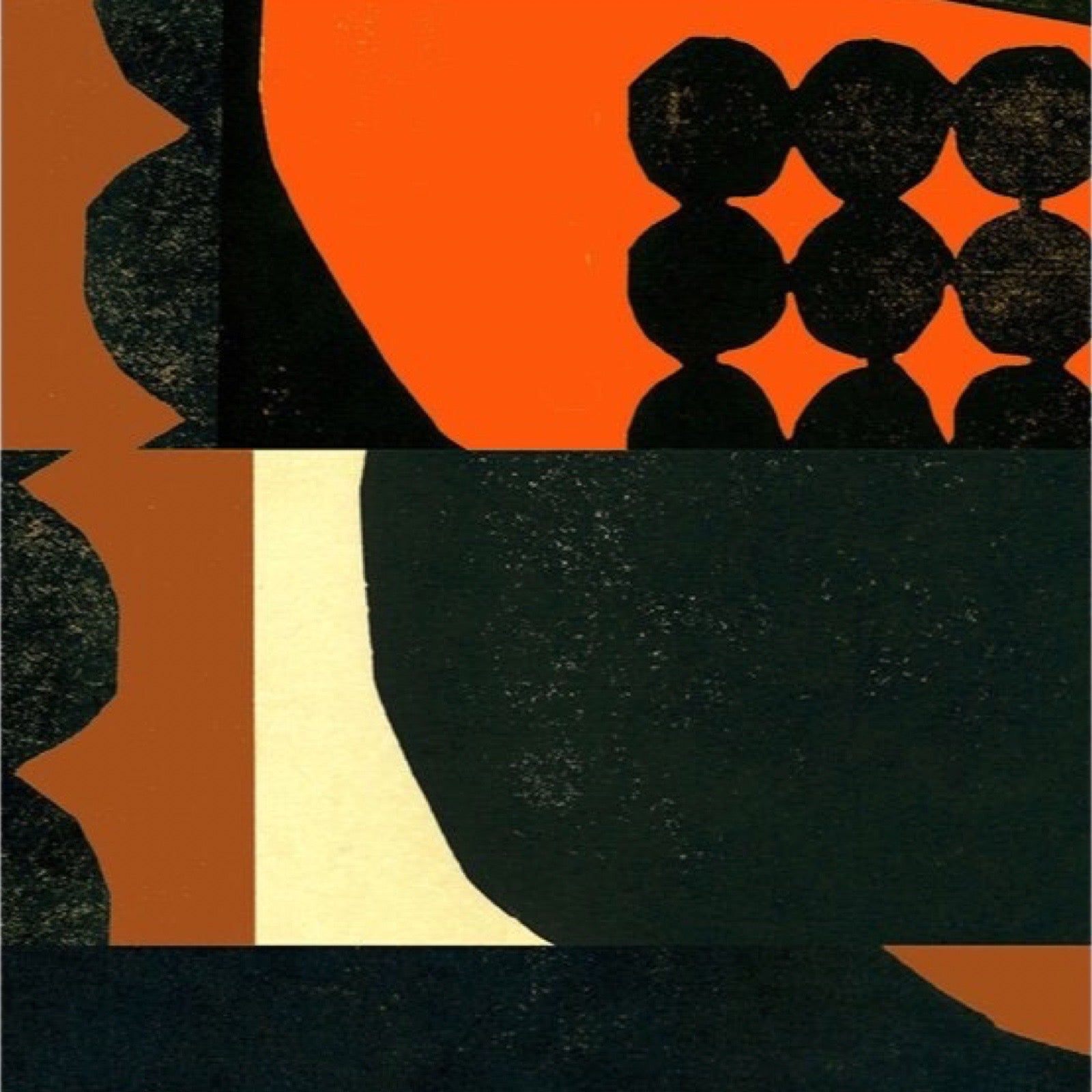 Abstract design with black shapes on a multicoloured background.