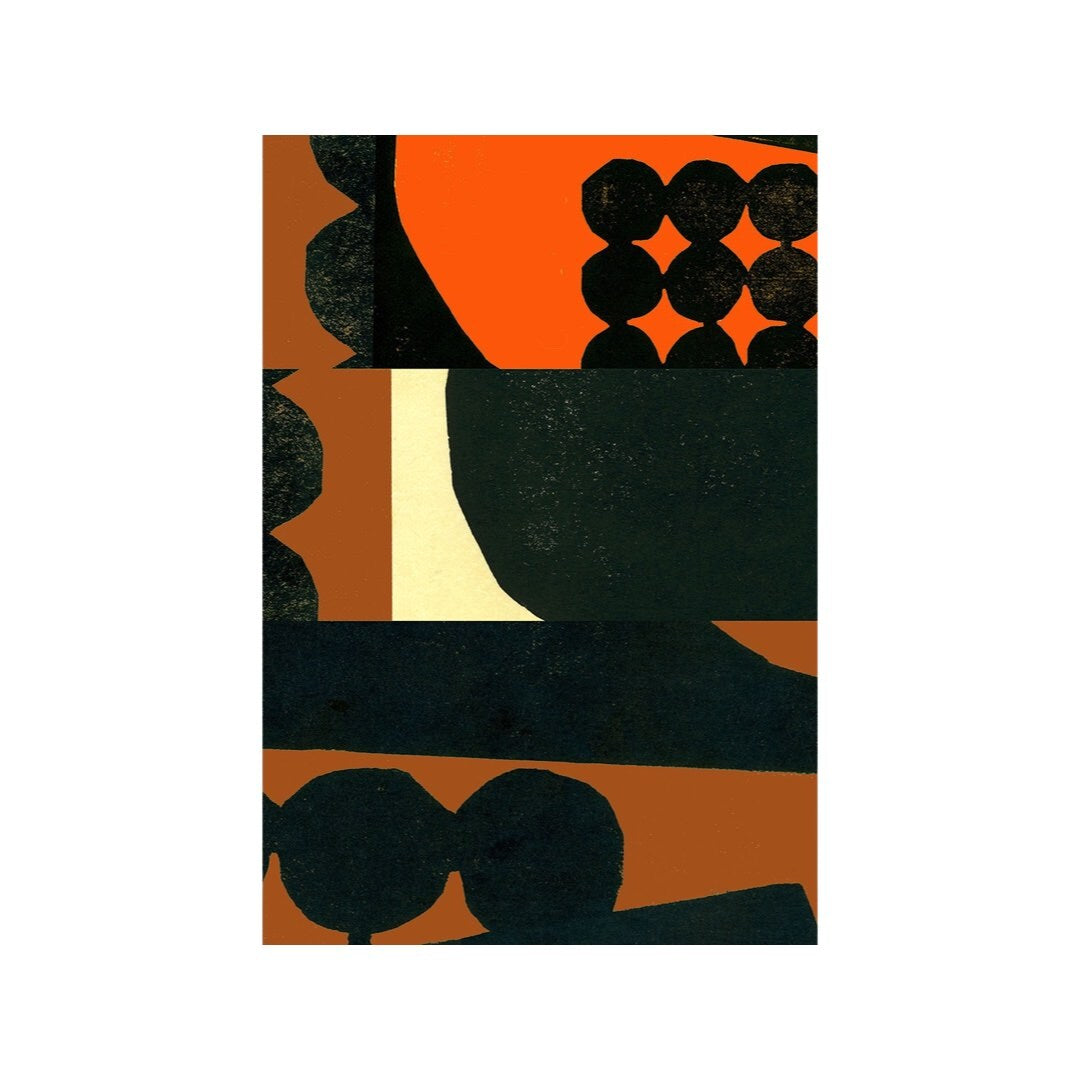An abstract print featuring geometric shapes in orange, brown, and black colors, mounted on a white background.