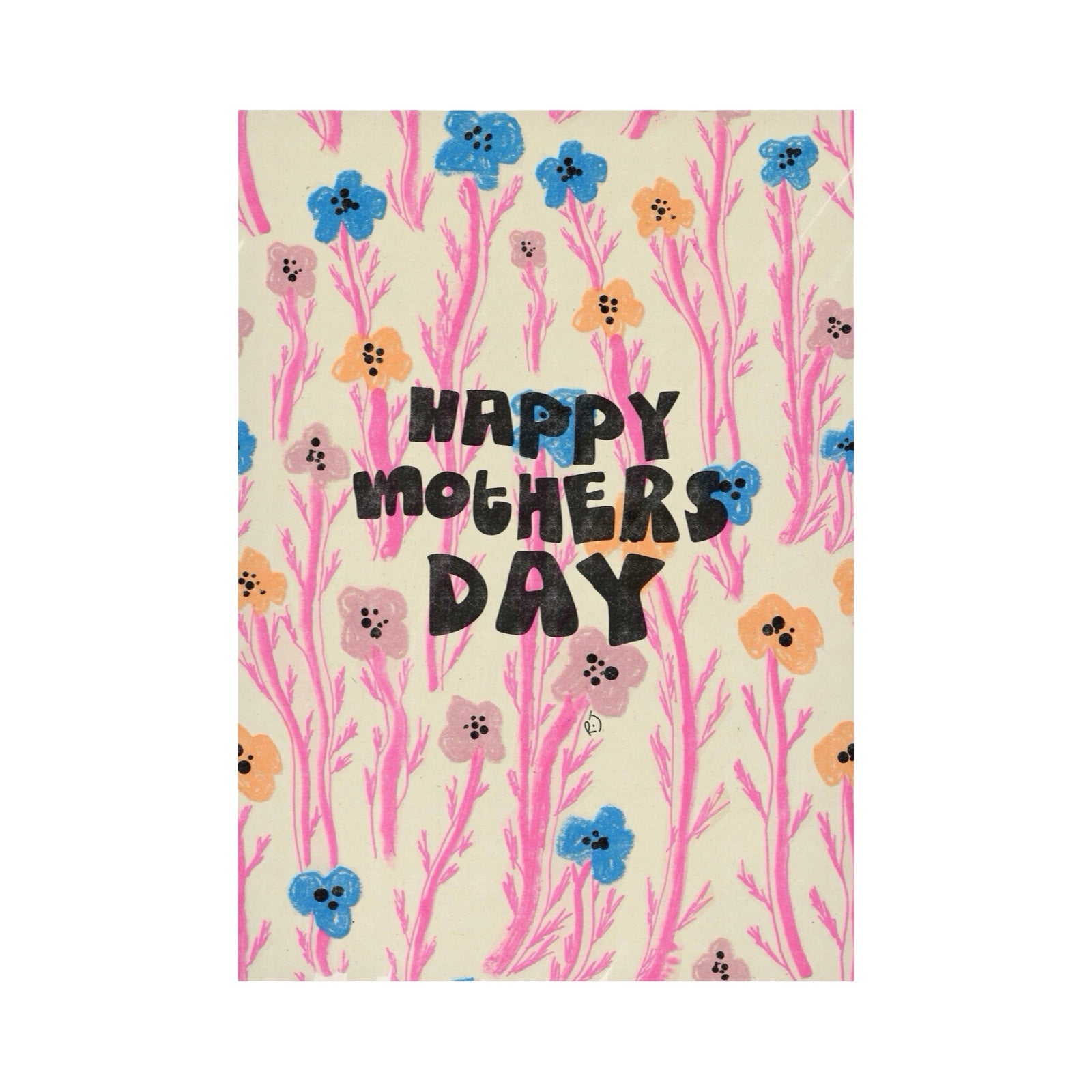 A greeting card with a cream background, decorated with pink flowering branches and colourful blue, orange, and pink flowers. The centre features the text 'HAPPY MOTHER'S DAY' in a playful black hand-drawn font.