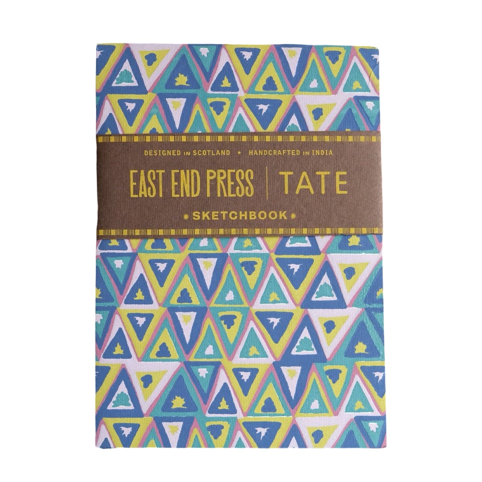 East End Press Tate Sketchbook with a colorful geometric triangle pattern cover and a brown paper band label.