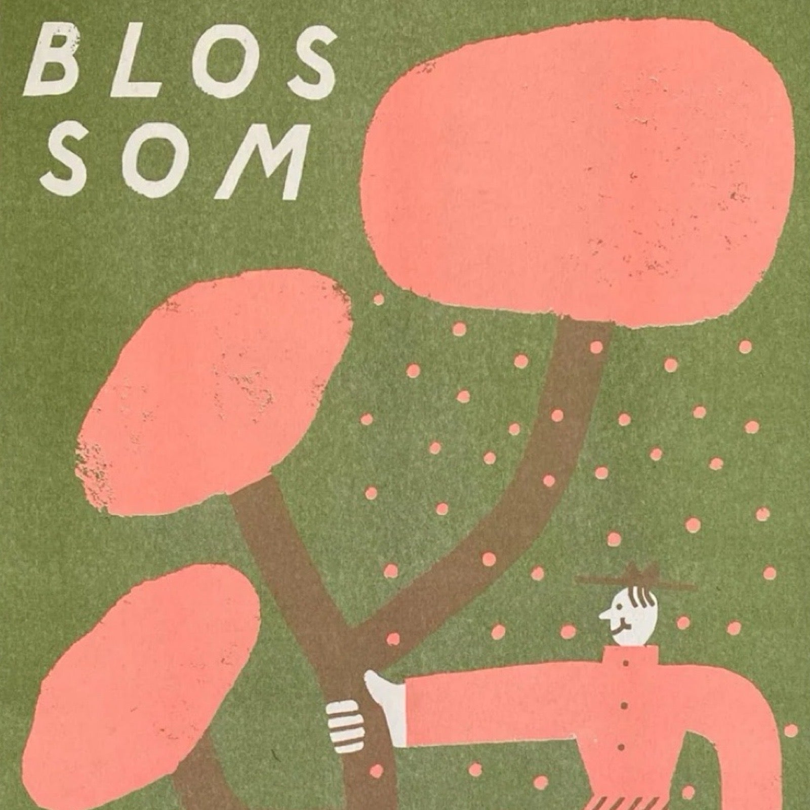 Risograph print of a man in a red outfit shaking a blossom tree with a white cat sitting on the grass, all against a green background and the text 'Blossom'.