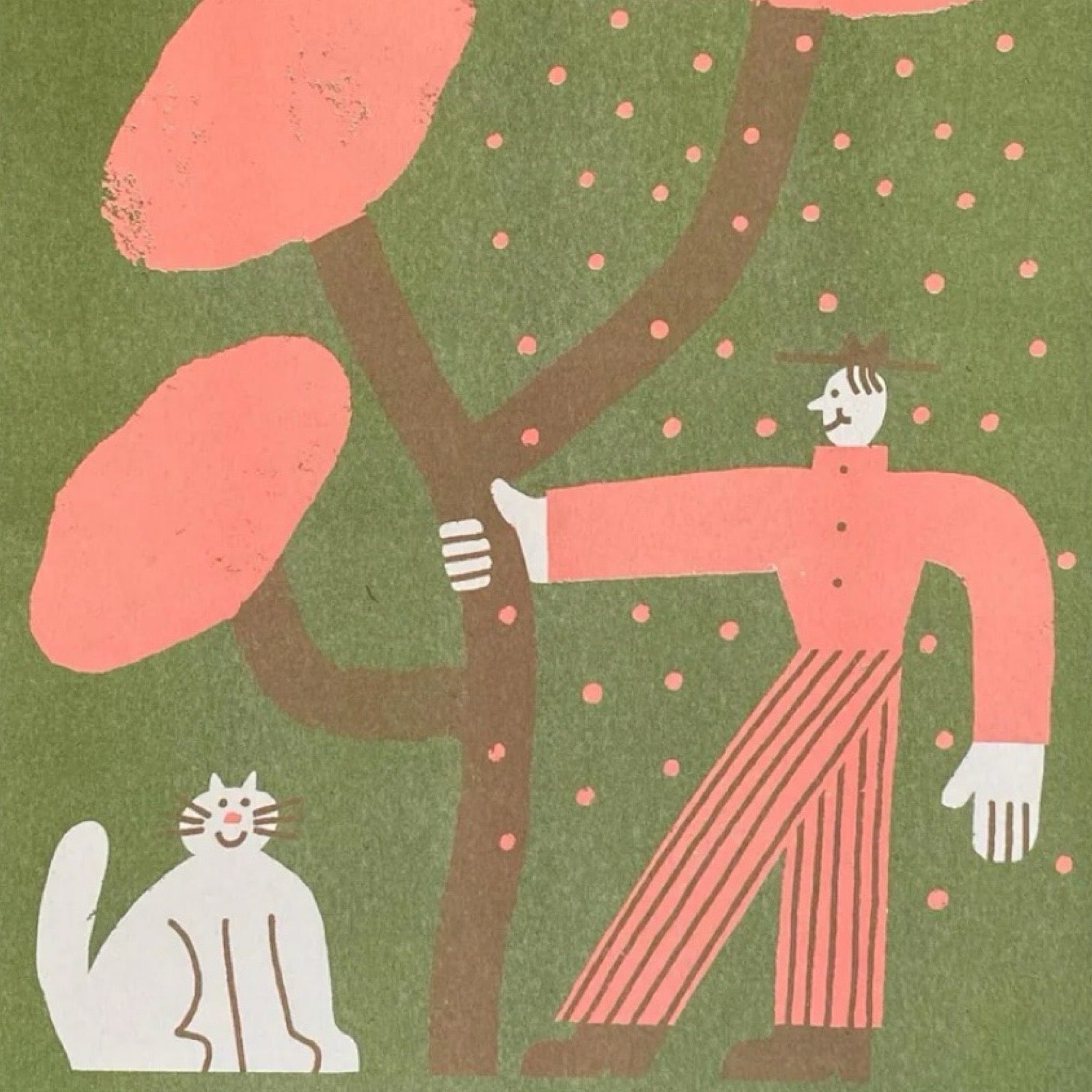 Risograph print of a man in a red outfit shaking a blossom tree with a white cat sitting on the grass, all against a green background and the text 'Blossom'.