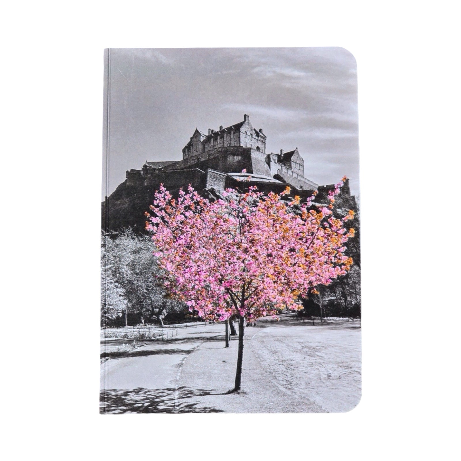 Notebook with a black and white image of a castle and a pink tree on the cover