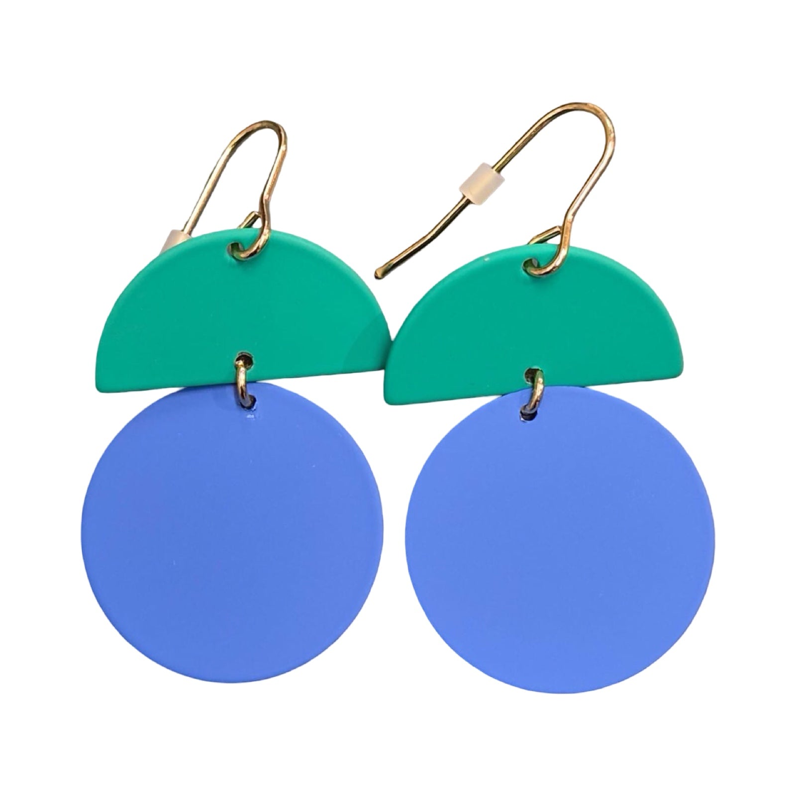 Pair of earrings with green half-circle top and blue round bottom on a white background.