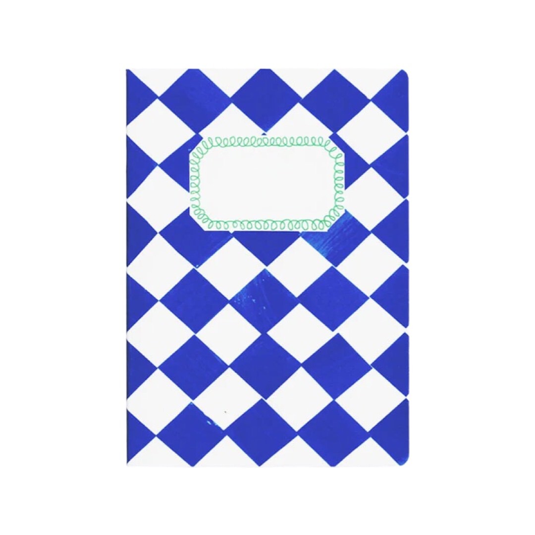 An A5 blue and white checked notebook.