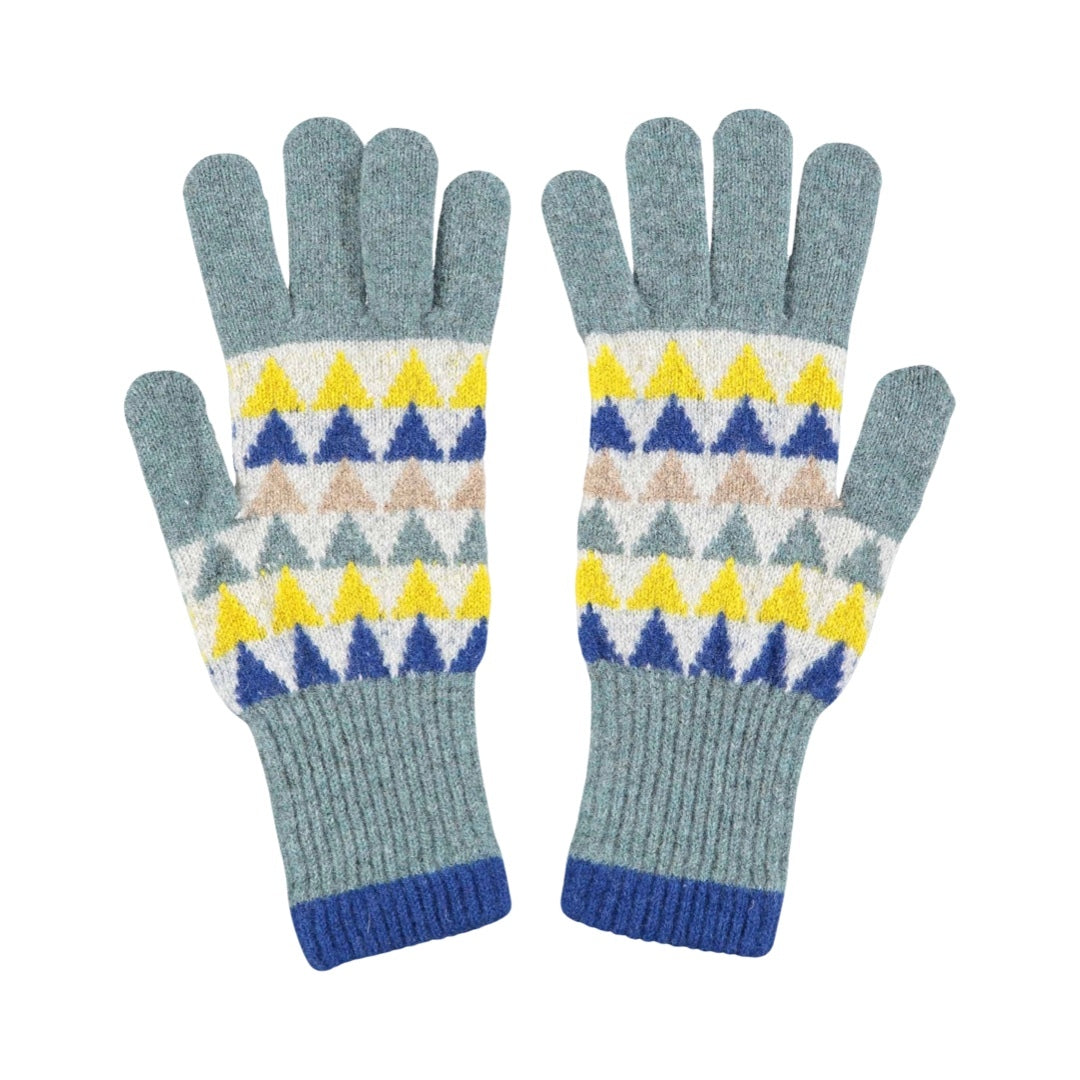 Merino lambswool gloves in grey with yellow, blue, pink and grey triangles.
